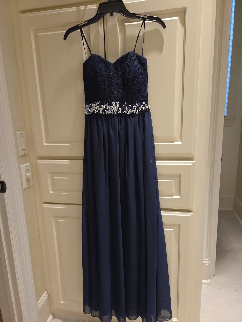 Navy Strap Evening Dress with Beaded Waist